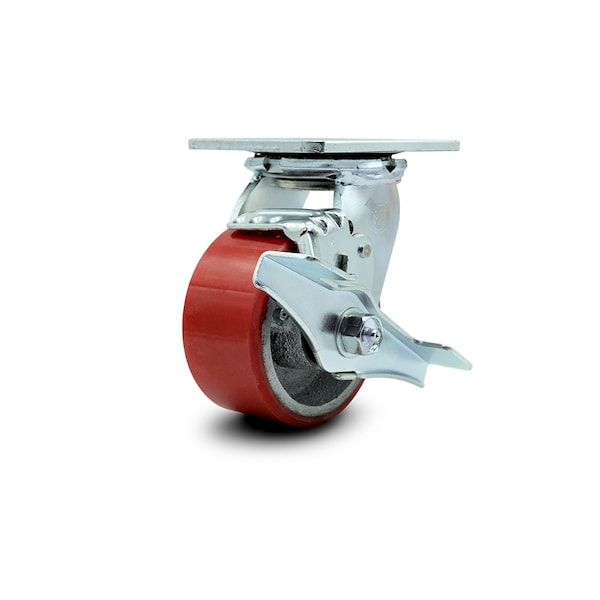 4 Inch Red Poly on Cast Iron Swivel Caster with Roller Bearing and Brake SCC